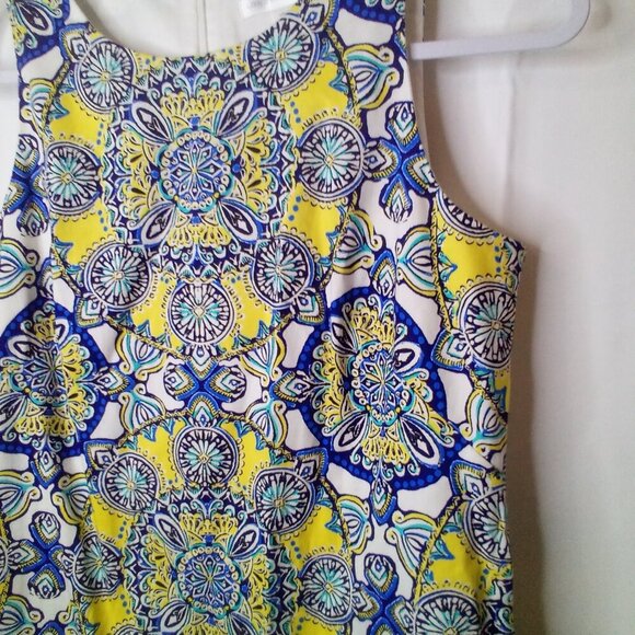London Times Dress Women 6 Sleeveless Pattern Back Zip Yellow Blue - Picture 7 of 12